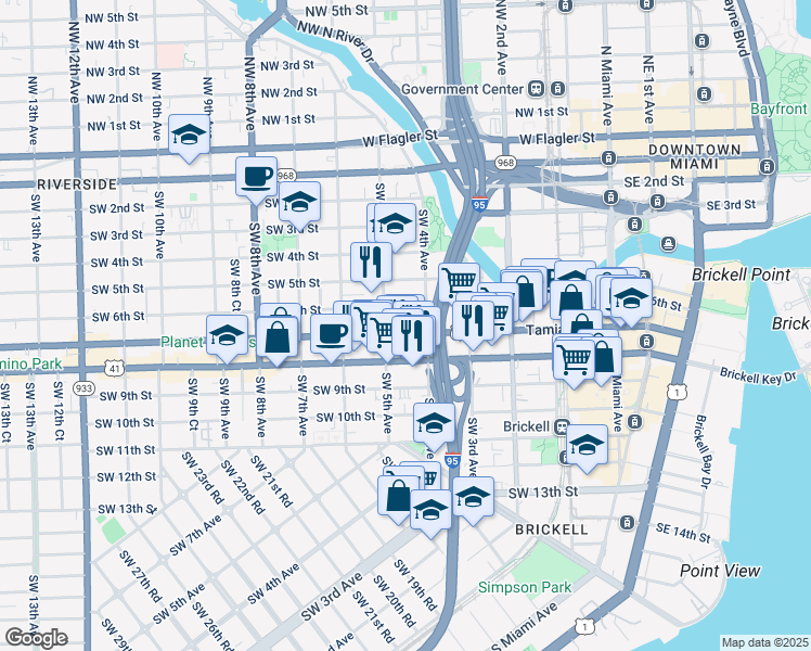 map of restaurants, bars, coffee shops, grocery stores, and more near 437 Southwest 7th Street in Miami
