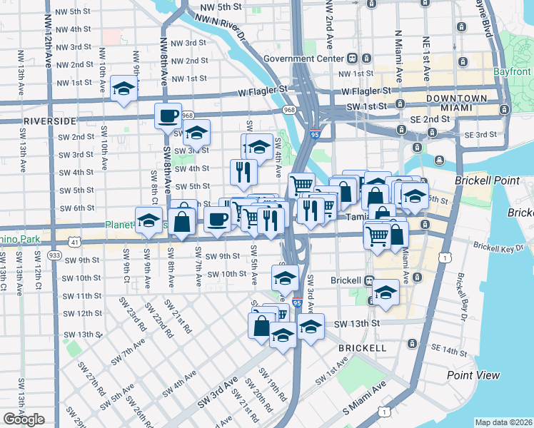 map of restaurants, bars, coffee shops, grocery stores, and more near 460 Southwest 7th Street in Miami