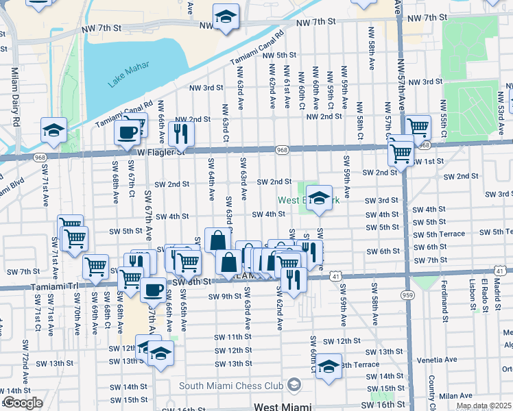 map of restaurants, bars, coffee shops, grocery stores, and more near 345 Southwest 63rd Avenue in Miami