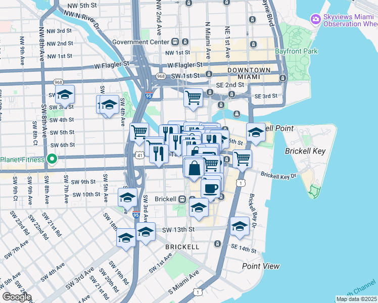 map of restaurants, bars, coffee shops, grocery stores, and more near 102 Southwest 7th Street in Miami