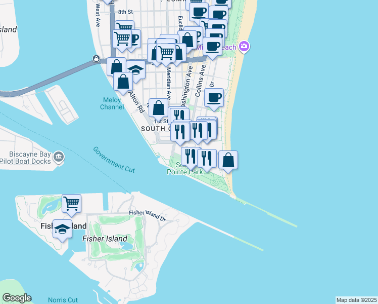 map of restaurants, bars, coffee shops, grocery stores, and more near 3 Washington Avenue in Miami Beach