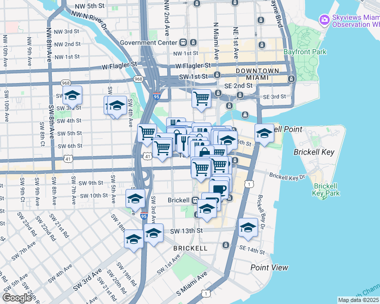 map of restaurants, bars, coffee shops, grocery stores, and more near 102 Southwest 7th Street in Miami