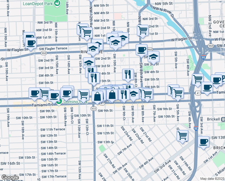 map of restaurants, bars, coffee shops, grocery stores, and more near 991 Southwest 7th Street in Miami