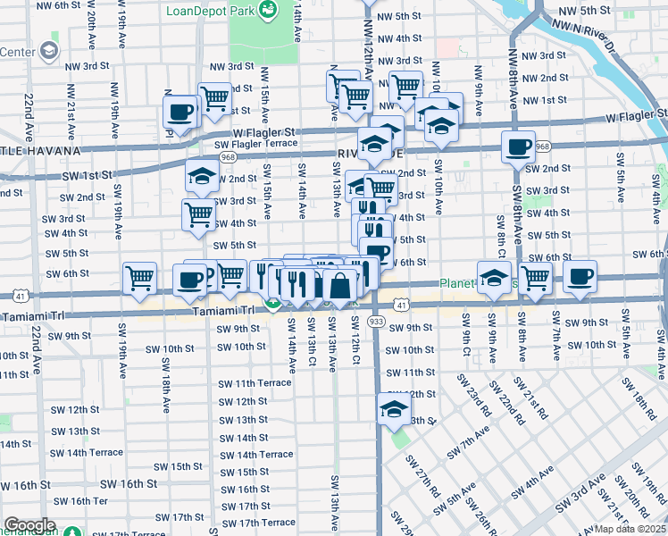 map of restaurants, bars, coffee shops, grocery stores, and more near 1341 Southwest 7th Street in Miami