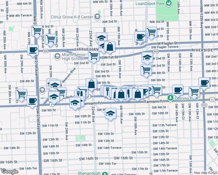 map of restaurants, bars, coffee shops, grocery stores, and more near 611 Southwest 21st Avenue in Miami