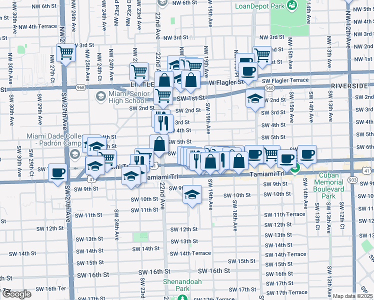 map of restaurants, bars, coffee shops, grocery stores, and more near 611 Southwest 21st Avenue in Miami