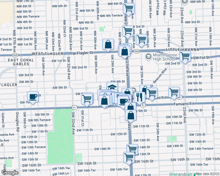 map of restaurants, bars, coffee shops, grocery stores, and more near 590 Southwest 29th Avenue in Miami