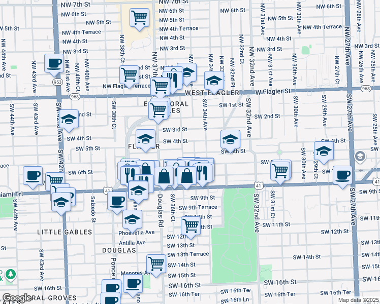 map of restaurants, bars, coffee shops, grocery stores, and more near 527 Southwest 36th Avenue in Miami