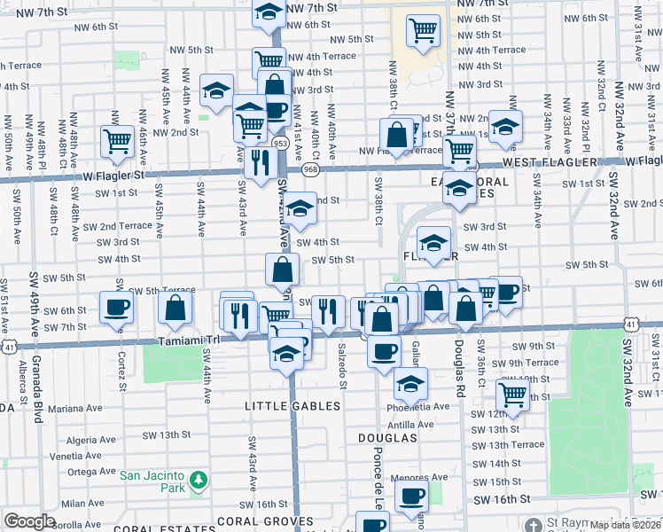map of restaurants, bars, coffee shops, grocery stores, and more near 530 Southwest 40th Court in Coral Gables