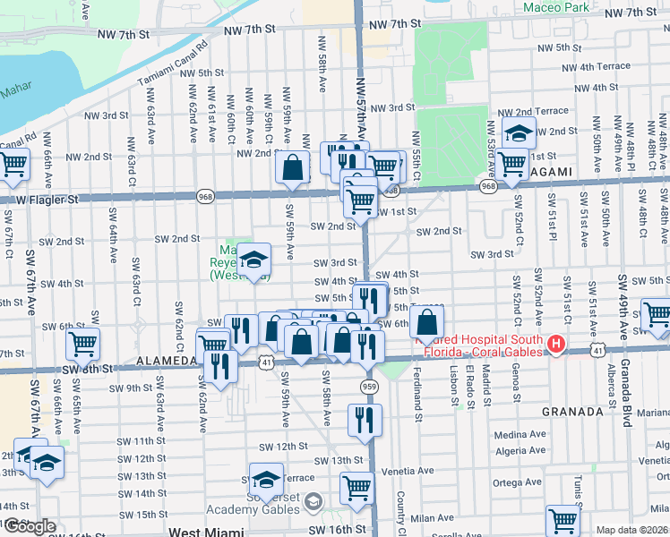 map of restaurants, bars, coffee shops, grocery stores, and more near 5741 Southwest 4th Street in Miami