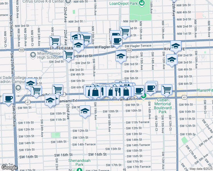 map of restaurants, bars, coffee shops, grocery stores, and more near 619 Southwest 18th Avenue in Miami