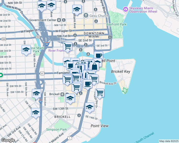 map of restaurants, bars, coffee shops, grocery stores, and more near 600 Brickell Avenue in Miami