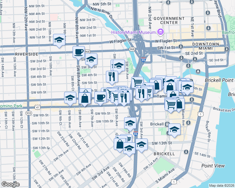 map of restaurants, bars, coffee shops, grocery stores, and more near 460 Southwest 7th Street in Miami