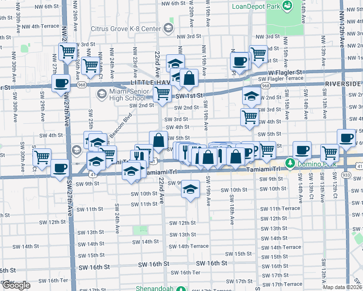 map of restaurants, bars, coffee shops, grocery stores, and more near 611 Southwest 21st Avenue in Miami