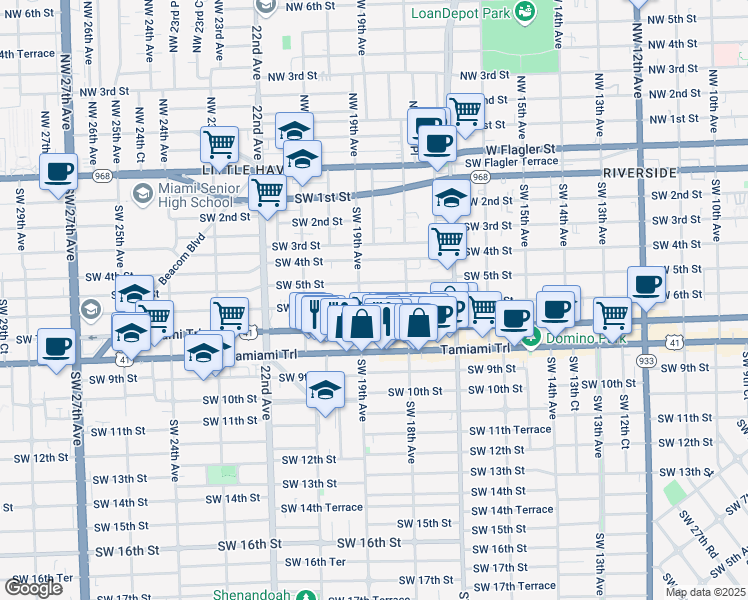 map of restaurants, bars, coffee shops, grocery stores, and more near 1880 Southwest 6th Street in Miami