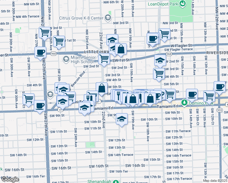 map of restaurants, bars, coffee shops, grocery stores, and more near 611 Southwest 21st Avenue in Miami