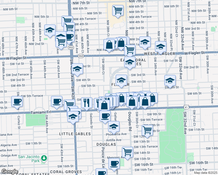 map of restaurants, bars, coffee shops, grocery stores, and more near 513 Ponce de Leon in Coral Gables