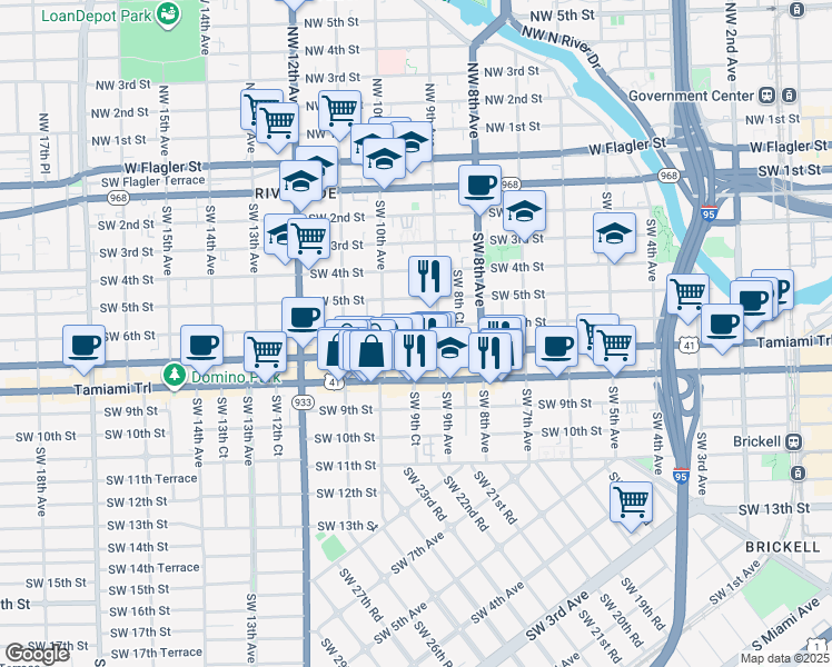 map of restaurants, bars, coffee shops, grocery stores, and more near 921 Southwest 8th Street in Miami