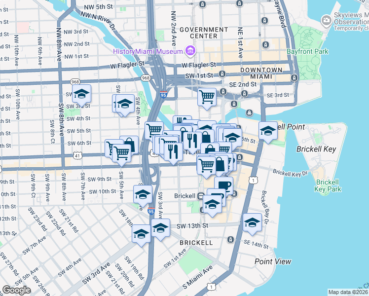 map of restaurants, bars, coffee shops, grocery stores, and more near 175 Southwest 7th Street in Miami