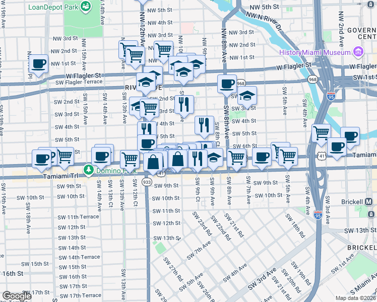 map of restaurants, bars, coffee shops, grocery stores, and more near 991 Southwest 7th Street in Miami
