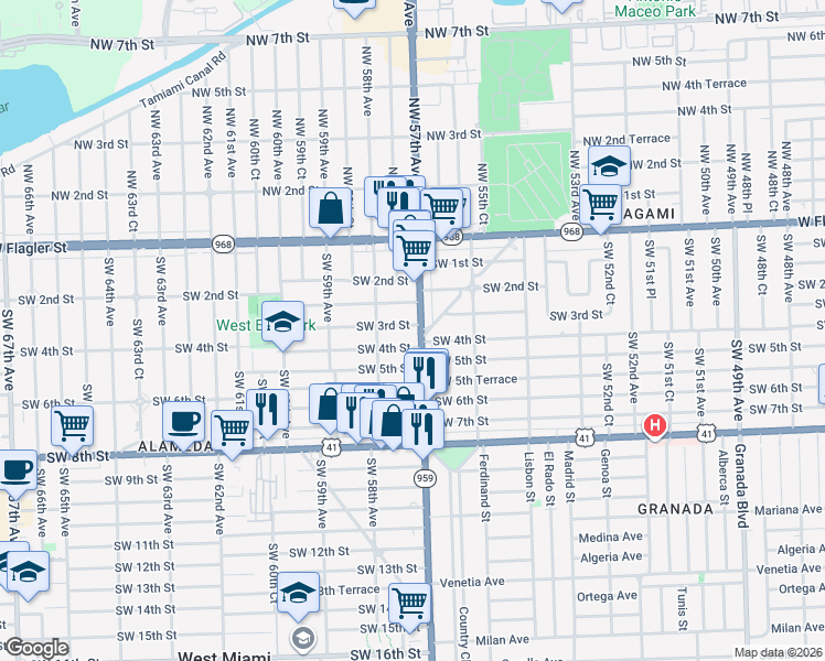 map of restaurants, bars, coffee shops, grocery stores, and more near 5741 Southwest 4th Street in Miami