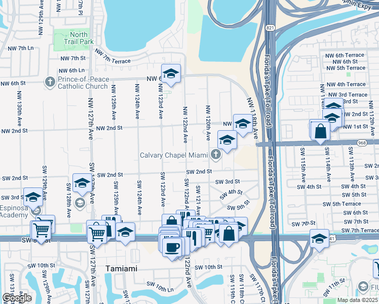 map of restaurants, bars, coffee shops, grocery stores, and more near 12131 Southwest 1st Street in Miami