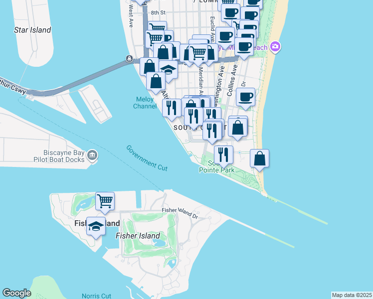 map of restaurants, bars, coffee shops, grocery stores, and more near 50 Washington Avenue in Miami Beach