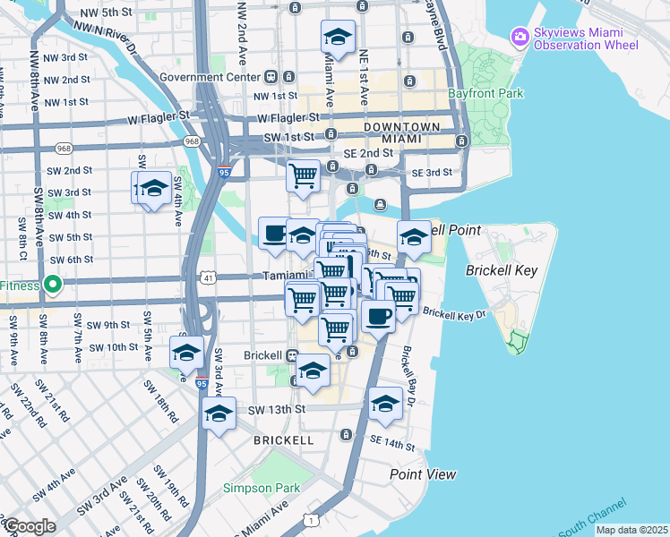 map of restaurants, bars, coffee shops, grocery stores, and more near 701 South Miami Avenue in Miami