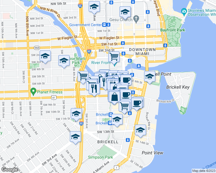 map of restaurants, bars, coffee shops, grocery stores, and more near 690 Southwest 1st Court in Miami