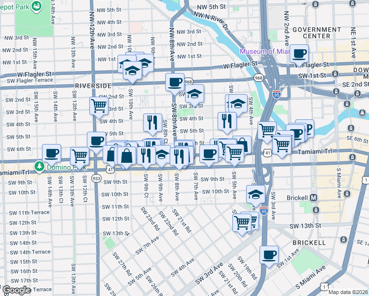 map of restaurants, bars, coffee shops, grocery stores, and more near in Miami
