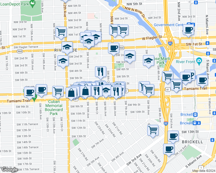 map of restaurants, bars, coffee shops, grocery stores, and more near in Miami