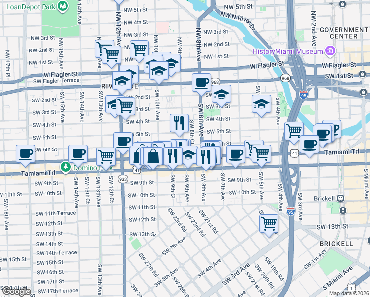 map of restaurants, bars, coffee shops, grocery stores, and more near 921 Southwest 8th Street in Miami