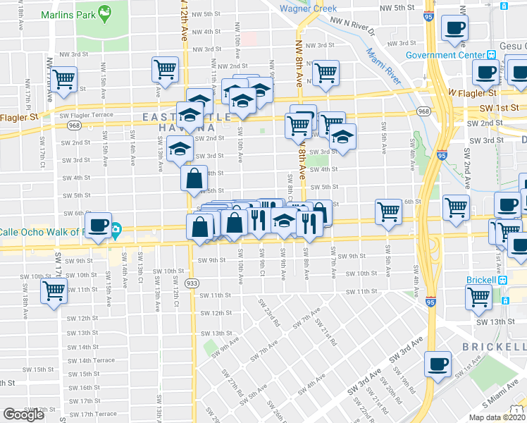 map of restaurants, bars, coffee shops, grocery stores, and more near 921 Southwest 8th Street in Miami