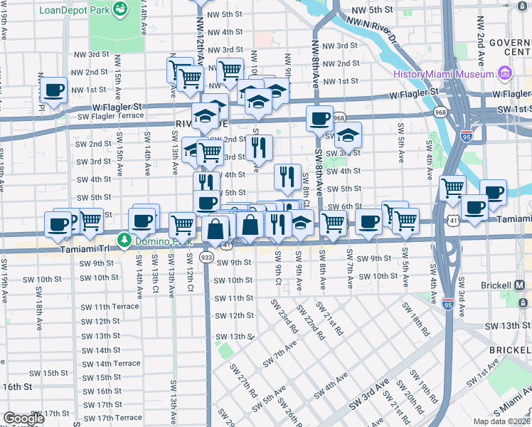 map of restaurants, bars, coffee shops, grocery stores, and more near 991 Southwest 7th Street in Miami