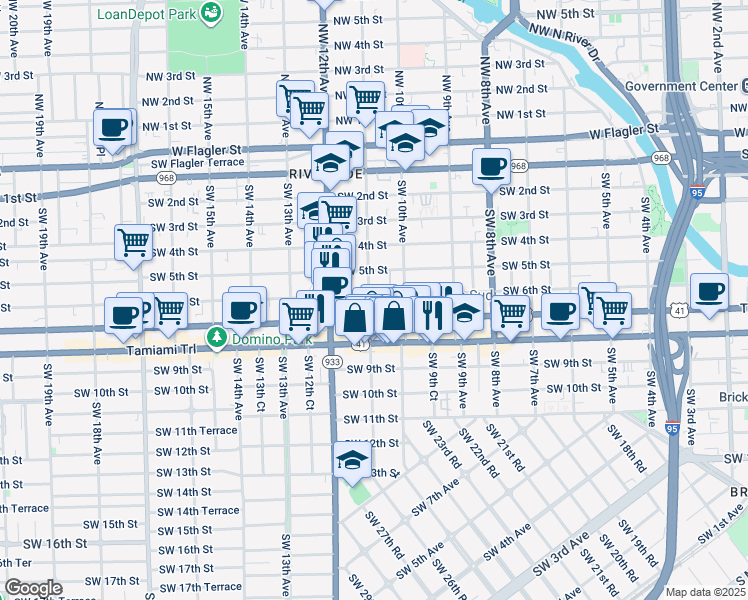 map of restaurants, bars, coffee shops, grocery stores, and more near 1057 Southwest 7th Street in Miami