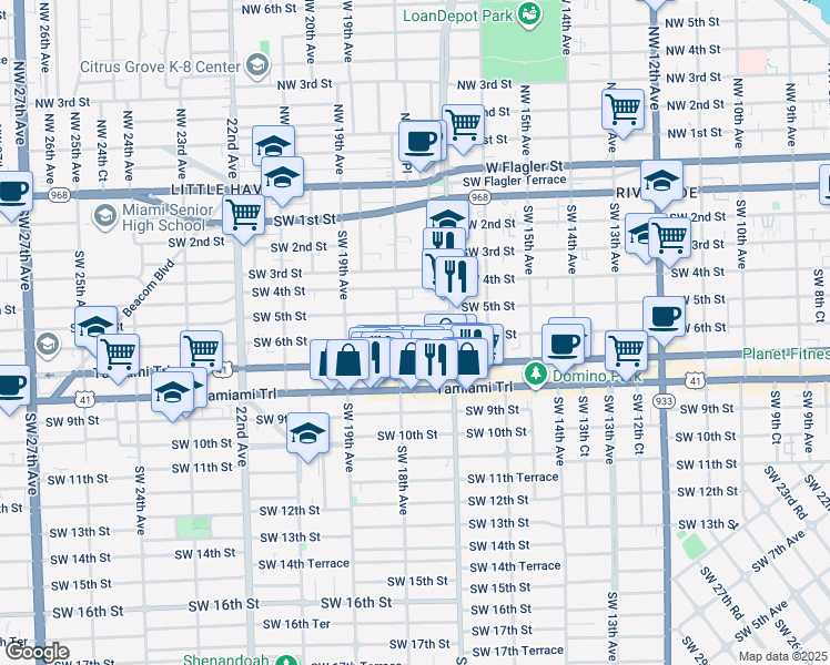 map of restaurants, bars, coffee shops, grocery stores, and more near 619 Southwest 18th Avenue in Miami