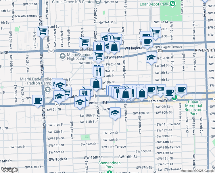 map of restaurants, bars, coffee shops, grocery stores, and more near 611 Southwest 21st Avenue in Miami