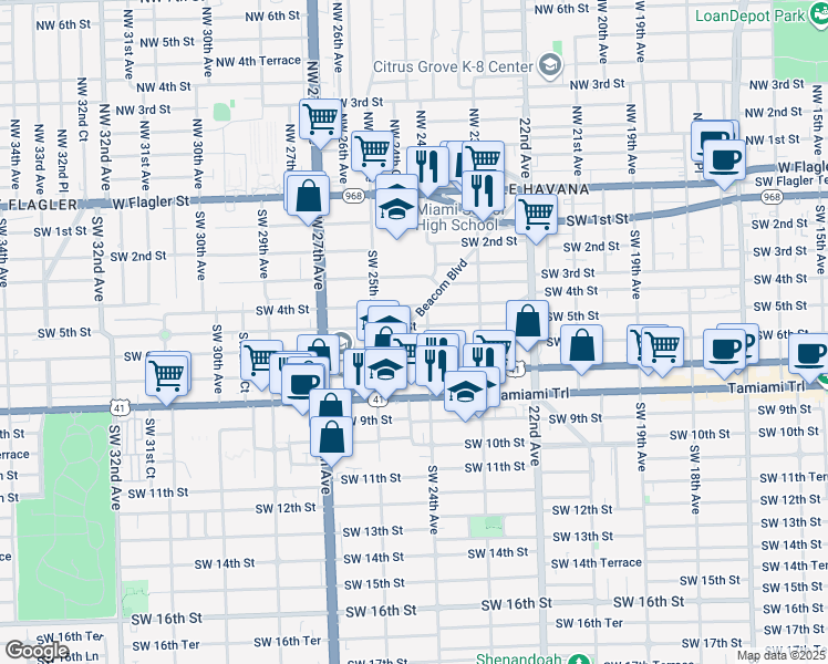 map of restaurants, bars, coffee shops, grocery stores, and more near 2400 Southwest 6th Street in Miami