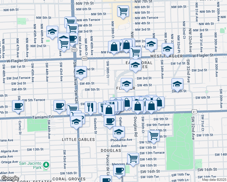 map of restaurants, bars, coffee shops, grocery stores, and more near 513 Ponce de Leon in Coral Gables
