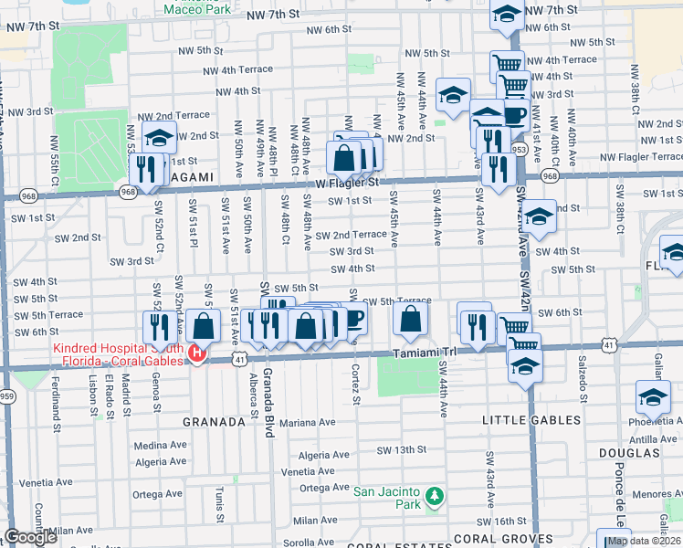 map of restaurants, bars, coffee shops, grocery stores, and more near 4740 Southwest 5th Street in Coral Gables