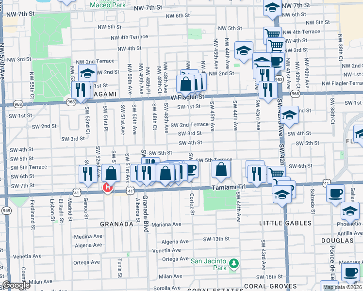 map of restaurants, bars, coffee shops, grocery stores, and more near 4740 Southwest 5th Street in Coral Gables