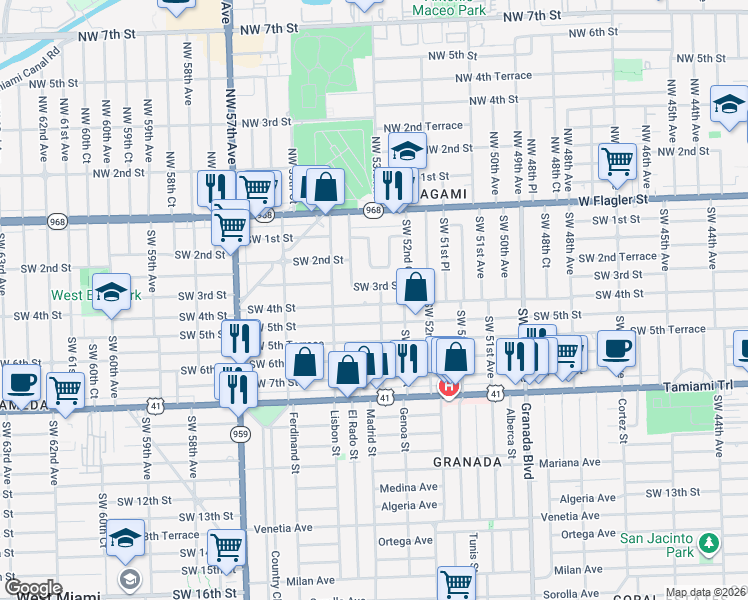 map of restaurants, bars, coffee shops, grocery stores, and more near 5281 Southwest 5th Street in Coral Gables