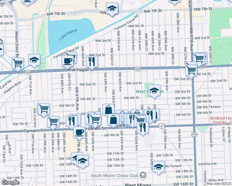 map of restaurants, bars, coffee shops, grocery stores, and more near 345 Southwest 63rd Avenue in Miami