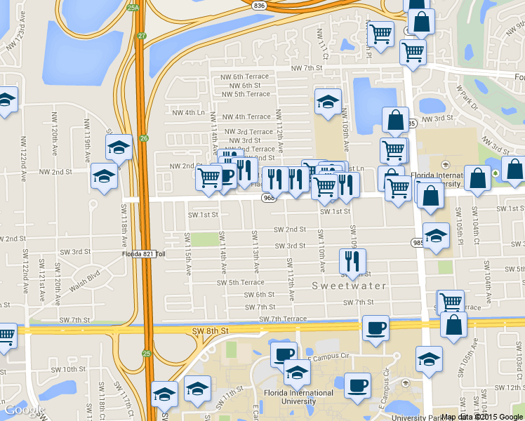 map of restaurants, bars, coffee shops, grocery stores, and more near 132 Southwest 113th Avenue in Miami