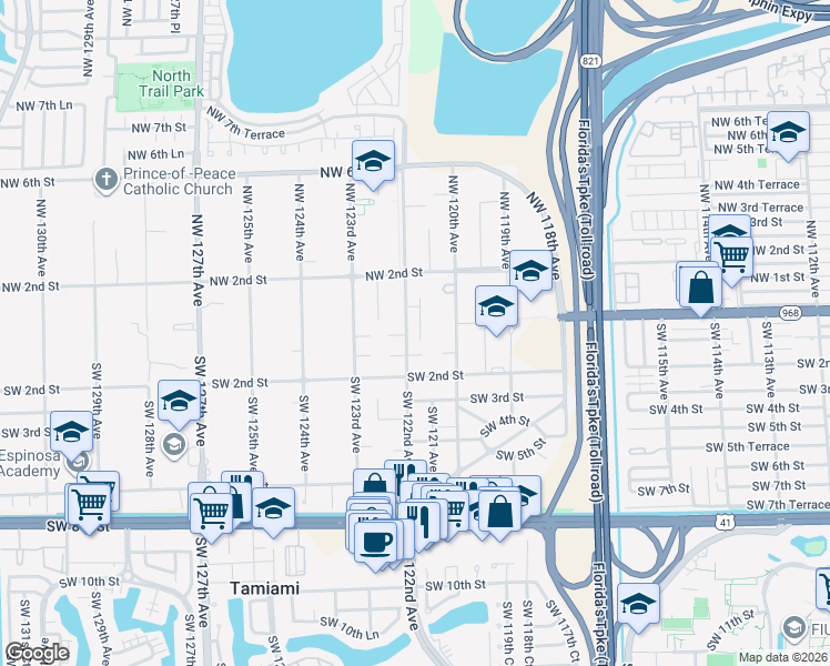 map of restaurants, bars, coffee shops, grocery stores, and more near 12131 Southwest 1st Street in Miami