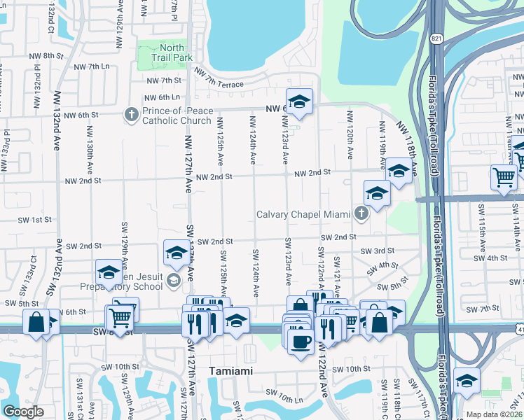 map of restaurants, bars, coffee shops, grocery stores, and more near 100 Southwest 124th Avenue in Miami