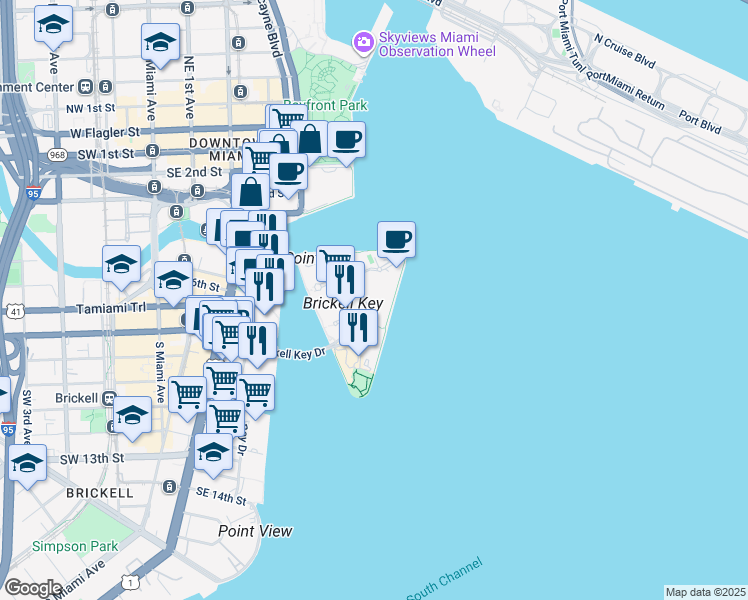 map of restaurants, bars, coffee shops, grocery stores, and more near in Miami