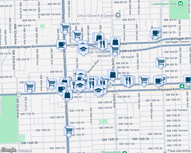 map of restaurants, bars, coffee shops, grocery stores, and more near 2330 Southwest 6th Street in Miami