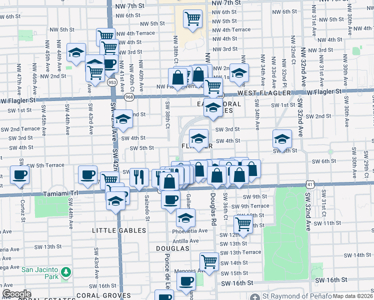 map of restaurants, bars, coffee shops, grocery stores, and more near 513 Ponce de Leon in Coral Gables