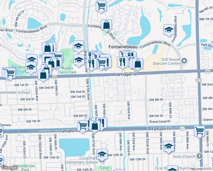 map of restaurants, bars, coffee shops, grocery stores, and more near 9584 Southwest 1st Terrace in Miami